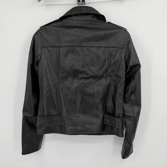 Quince Women's Black Leather Motorcycle Jacket size XS Sheep Leather Belted - Picture 7 of 7